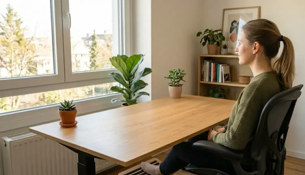 Zona de trabajo en casa con planta, luz natural y escritorio despejado
