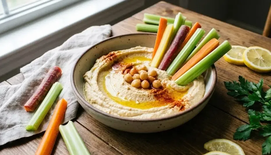 Bol con hummus y bastones de zanahoria y apio frescos