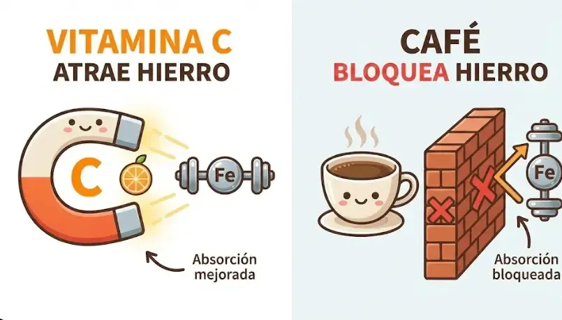 Infografía visual: Imanes atrayendo nutrientes (Vitamina C atrae Hierro) vs Muros bloqueando nutrientes (Café bloquea Hierro)