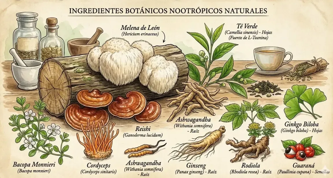 Ilustración que muestra diversos ingredientes botánicos como hongos, raíces y hojas de té, ingredientes clave en los nootrópicos naturales