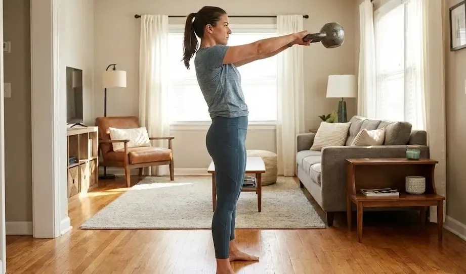 Persona realizando un Kettlebell Swing en casa con técnica correcta