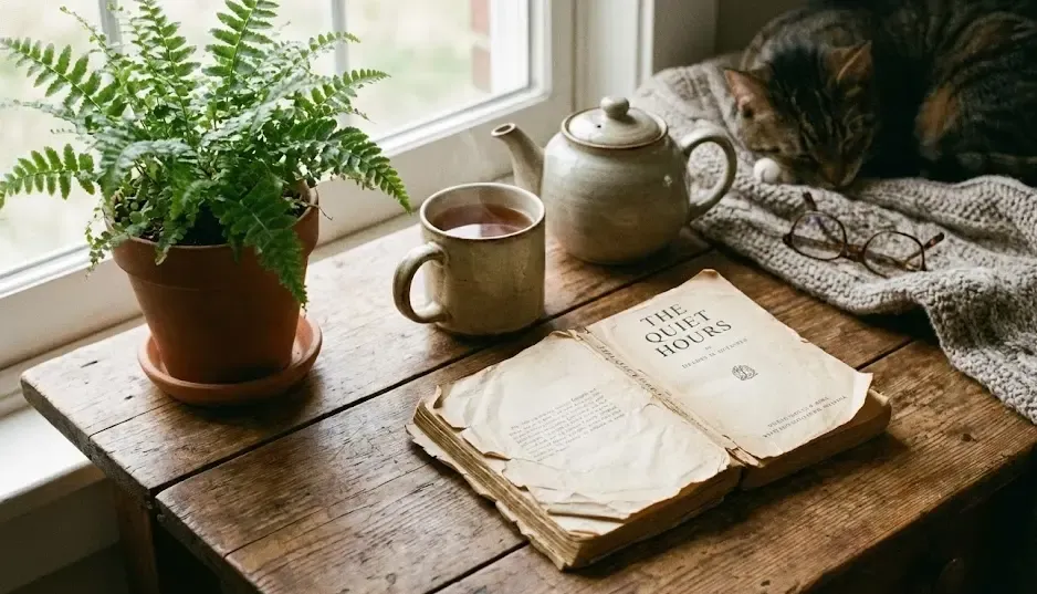 Libro abierto junto a una taza de té y una planta, creando un ambiente acogedor para una tarde libre de tecnología y distracciones