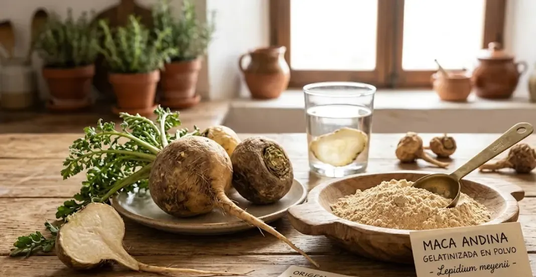 Maca andina gelatinizada en polvo junto a raíz fresca de Lepidium meyenii