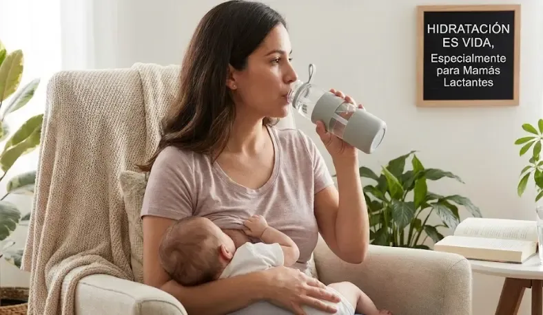 Madre lactante bebiendo agua con una botella grande, importancia de la hidratación