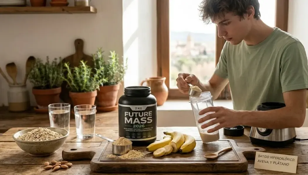 Persona ectomorfa preparando un batido hipercalórico en la cocina con avena y plátano