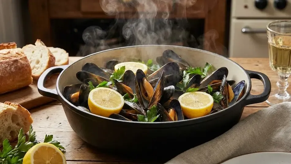 Cazuela de mejillones al vapor abiertos con vapor y limón, plato económico y nutritivo