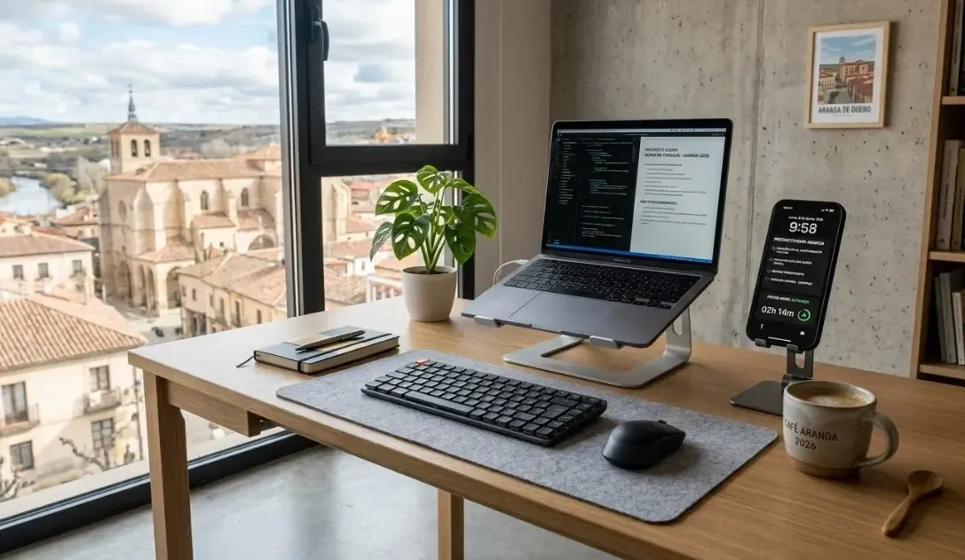 Escritorio moderno y ordenado con un smartphone mostrando una app de productividad, un portátil y una taza de café, transmitiendo enfoque y organización