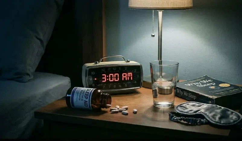 Mesita de noche con un reloj despertador marcando las 3:00 AM y un frasco de suplementos, simbolizando el insomnio
