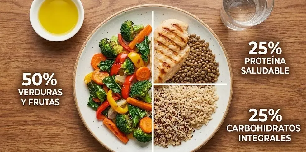 Gráfico visual del Método del Plato de Harvard dividido en mitad verduras, cuarto proteína y cuarto carbohidratos