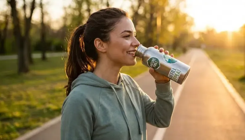 Mujer joven con ropa deportiva bebiendo de una botella de agua reutilizable con expresión de satisfacción