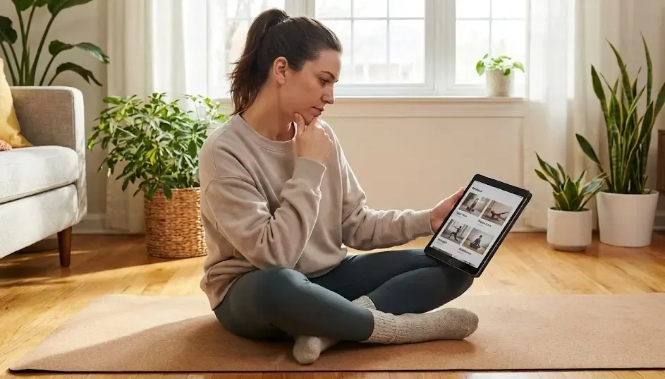 Mujer sentada en esterilla de yoga con ropa deportiva cómoda, con expresión pensativa eligiendo su entrenamiento
