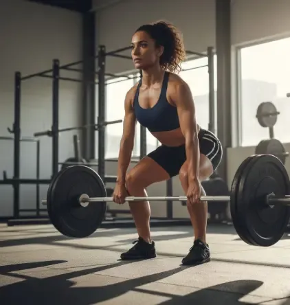 Mujer concentrada levantando una barra con discos en un ejercicio de peso muerto