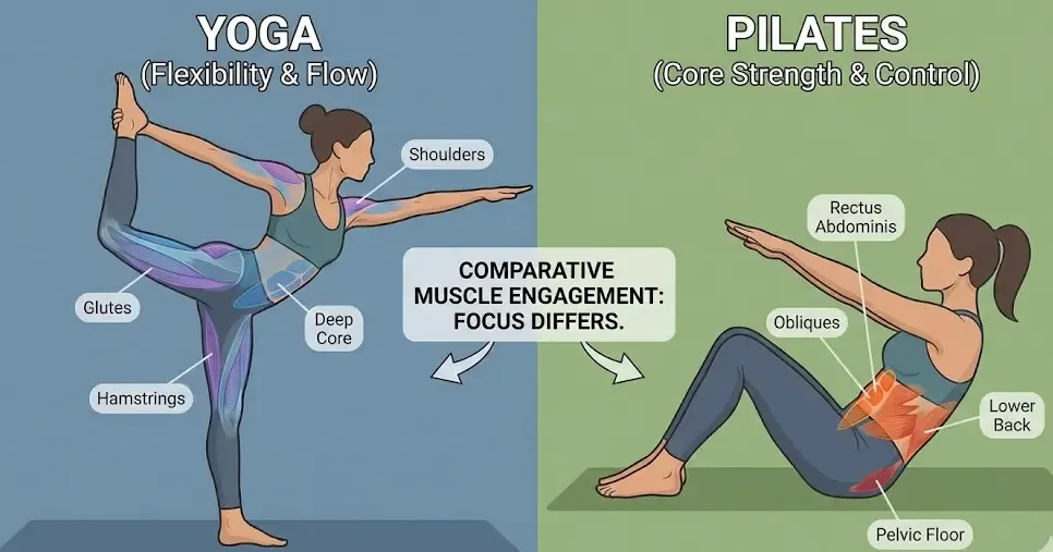 Infografía comparativa del cuerpo humano resaltando músculos trabajados en Yoga vs Pilates
