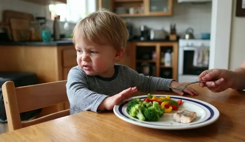 Niño pequeño en la mesa rechazando un plato de comida, ilustrando la neofobia alimentaria