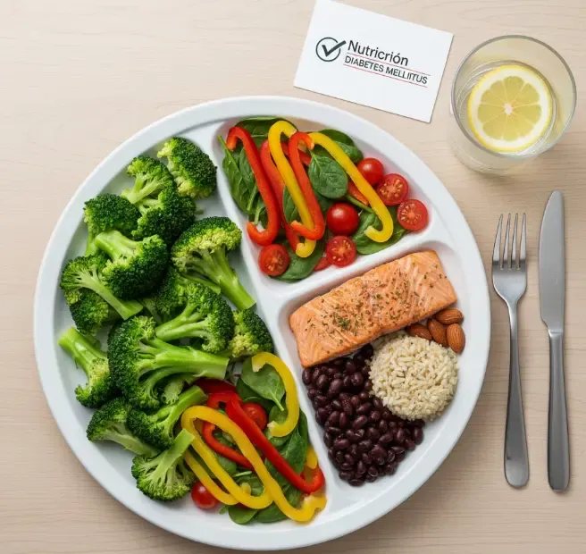 Plato saludable y equilibrado para el control de la diabetes, con abundantes verduras, proteínas magras y una pequeña porción de carbohidratos complejos