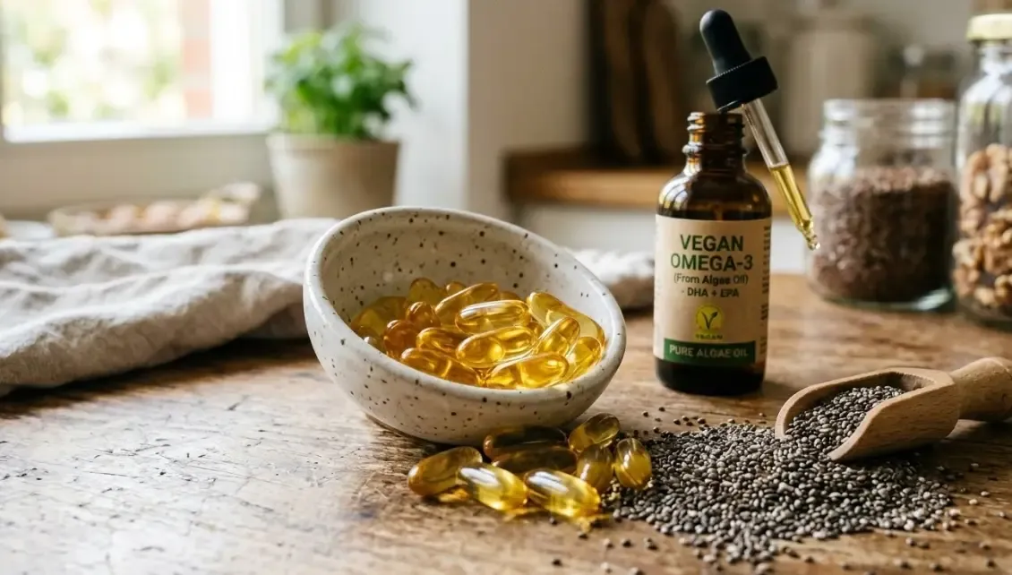 Cápsulas doradas de omega 3 vegano derivado de aceite de algas junto a unas semillas de chía