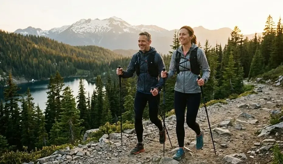 Pareja caminando a buen ritmo por un sendero, con ropa deportiva y postura correcta