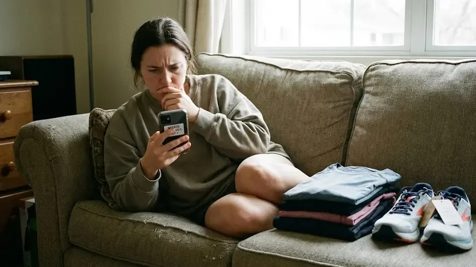 Persona sentada en un sofá mirando el móvil con expresión de preocupación, con ropa de deporte doblada a su lado sin usar