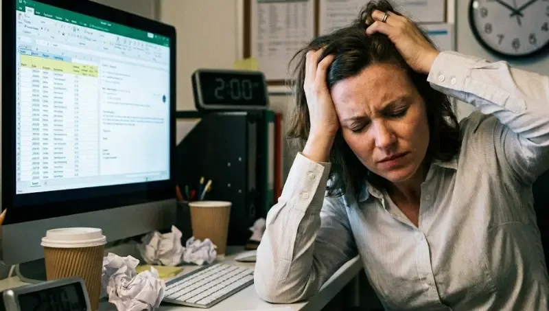 Persona con las manos en la cabeza frente al ordenador, mostrando signos claros de agotamiento y estrés