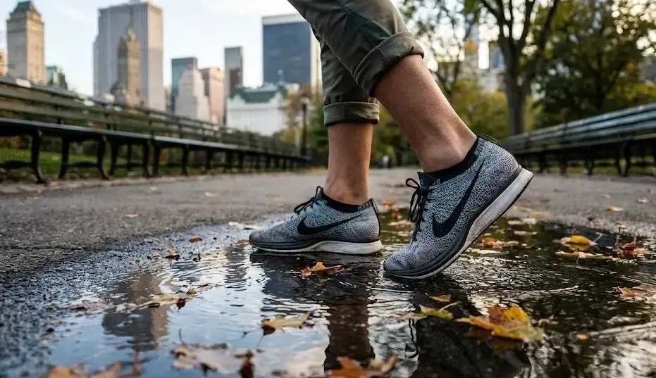 Primer plano de las piernas de una persona caminando con zapatillas deportivas por un parque urbano