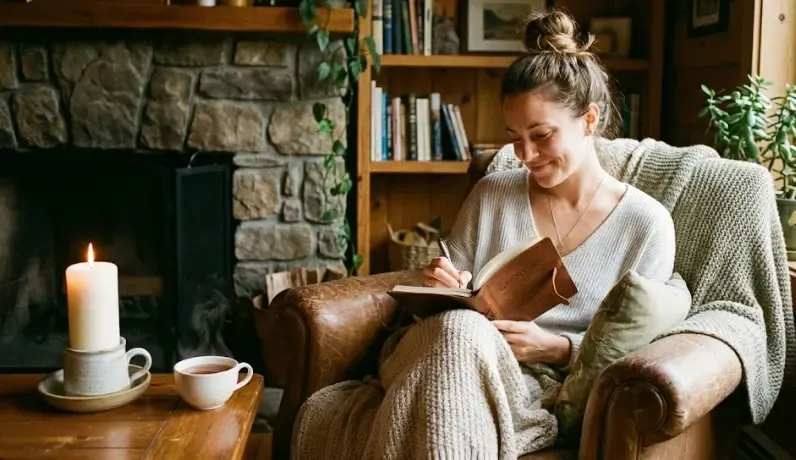 Persona escribiendo en un diario de gratitud junto a una vela y una planta