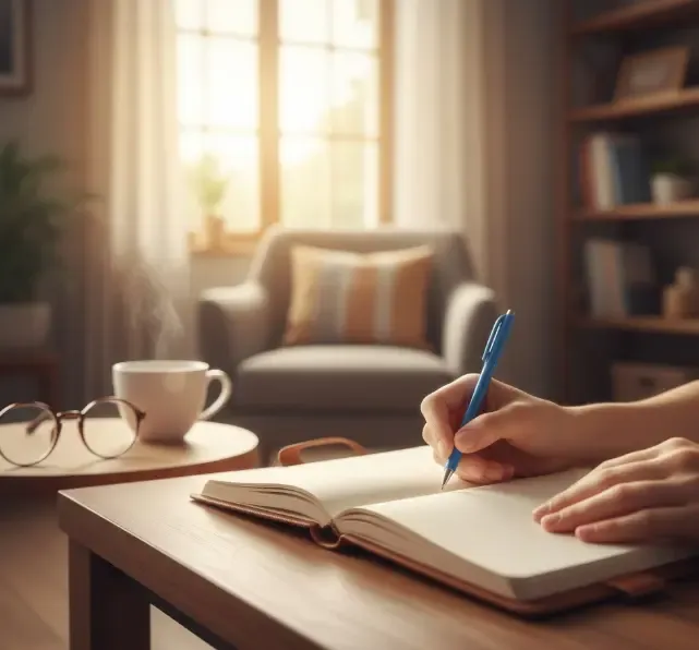Persona sosteniendo un bolígrafo frente a una hoja en blanco, a punto de comenzar su práctica de escritura terapéutica guiada