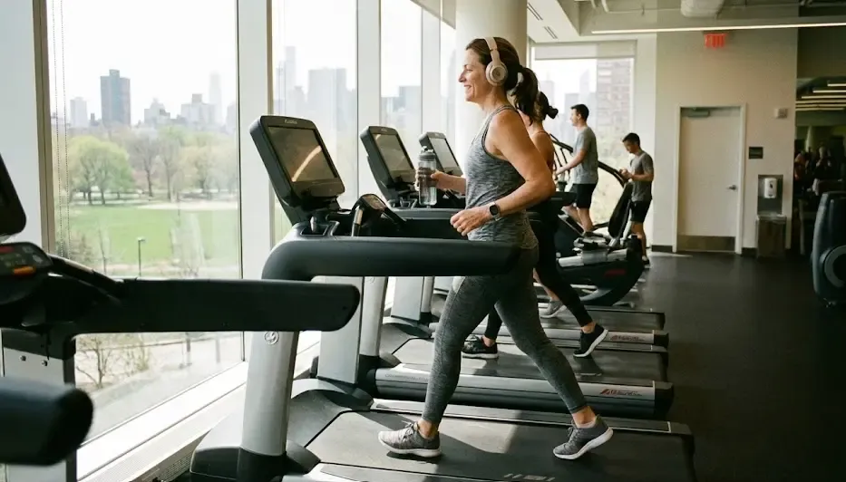 Mujer caminando a paso ligero en una cinta de correr con auriculares, disfrutando de un cardio tradicional a baja intensidad