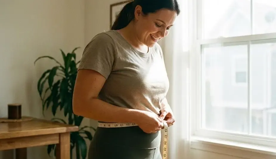 Persona sonriente midiéndose la cintura con una cinta métrica en un ambiente luminoso