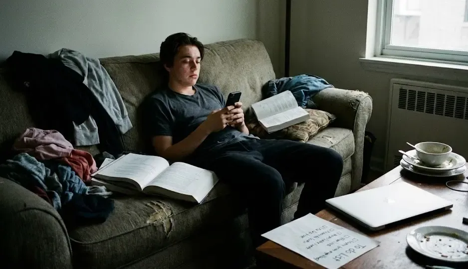 Persona sentada en un sofá mirando el móvil con expresión de culpa y aburrimiento, postergando sus tareas