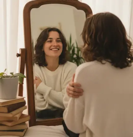 Persona joven mirándose al espejo con una sonrisa de confianza y aceptación