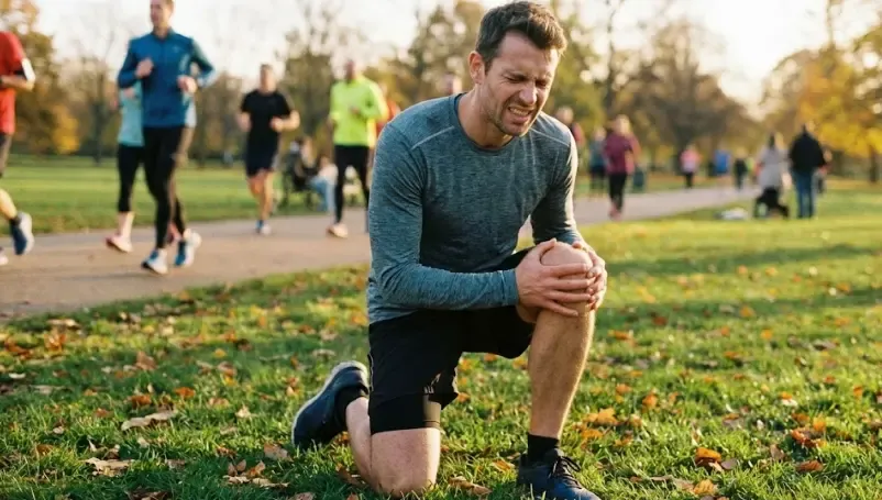 Persona deportista tocándose la rodilla con gesto de molestia en un parque