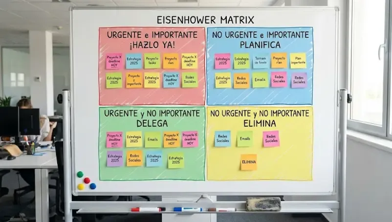 Pizarra blanca con la Matriz de Eisenhower dibujada, dividida en cuatro cuadrantes de colores con post-its organizados