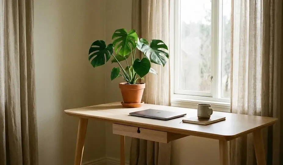 Planta de interior (Potos) en maceta sobre escritorio, elemento natural para reducir estrés