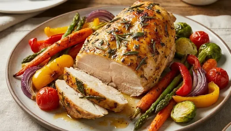 Plato apetitoso de pechuga de pollo asada con hierbas, brillante y jugosa, acompañada de verduras coloridas