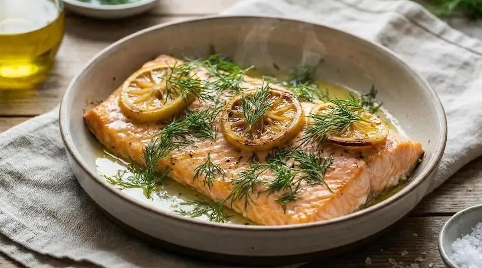 Plato de salmón al horno con rodajas de limón y eneldo fresco, jugoso y saludable
