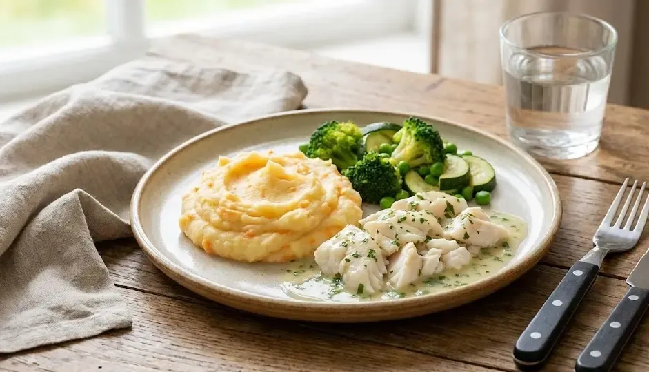 Plato saludable para adulto mayor con texturas suaves: puré, pescado desmenuzado y verduras cocidas