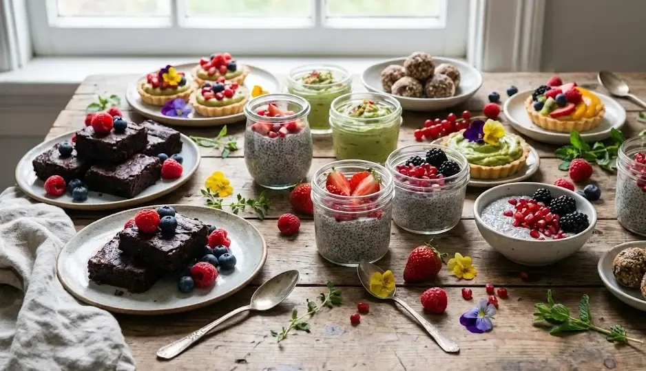 Mesa de madera con varios postres saludables, como brownies de cacao y pudding de chía, decorados con frutos rojos