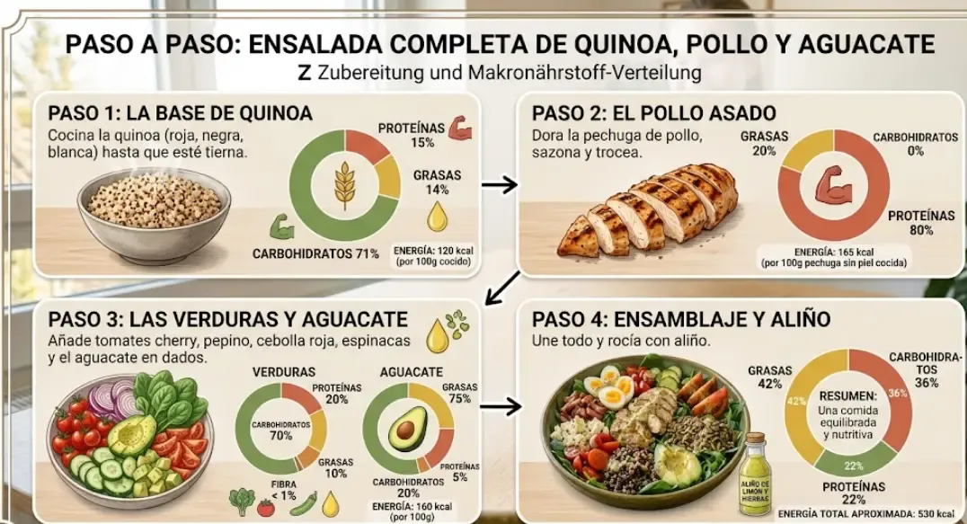Paso a paso para preparar una ensalada completa con quinoa, pollo, aguacate y verduras, mostrando la distribución de macronutrientes en cada ingrediente