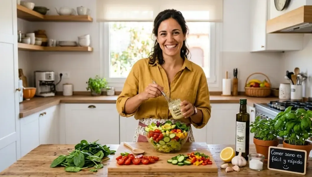  Mujer preparando una ensalada saludable con un aliño casero en la cocina, sonriendo y demostrando que comer sano es fácil y rápido 