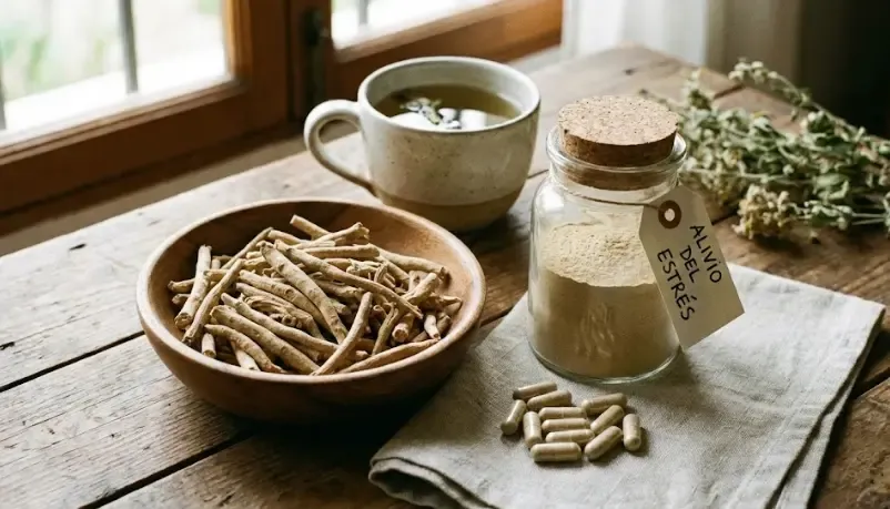 Raíz de Ashwagandha seca junto a polvo y cápsulas en un entorno natural y relajante