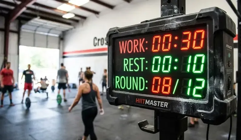 Reloj cronómetro digital marcando intervalos de tiempo, herramienta esencial para el HIIT