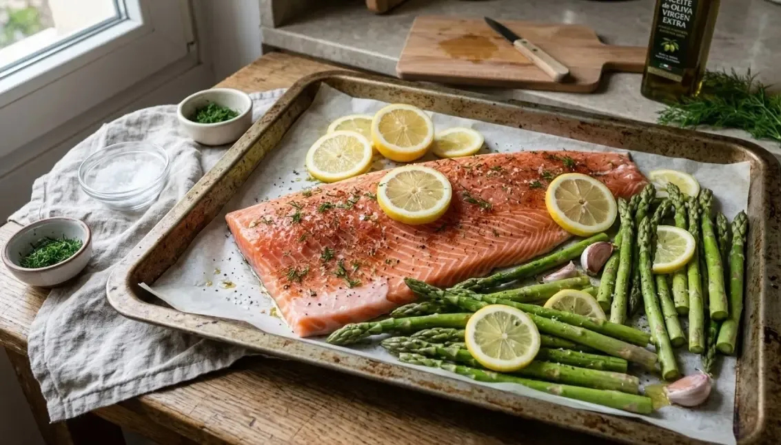 Bandeja de horno con un lomo de salmón fresco, rodajas de limón y espárragos trigueros listos para cocinar