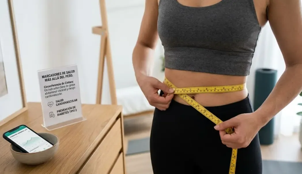 Mujer midiendo su cintura con una cinta métrica para evaluar su salud más allá del peso, como parte de los marcadores de salud importantes