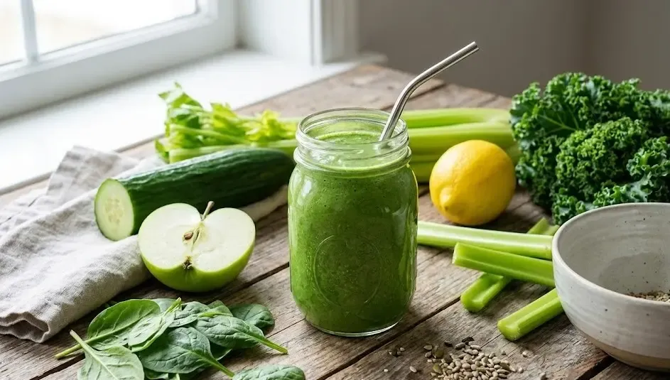 Batido verde saludable en vaso de cristal junto a ingredientes frescos como espinacas y manzana