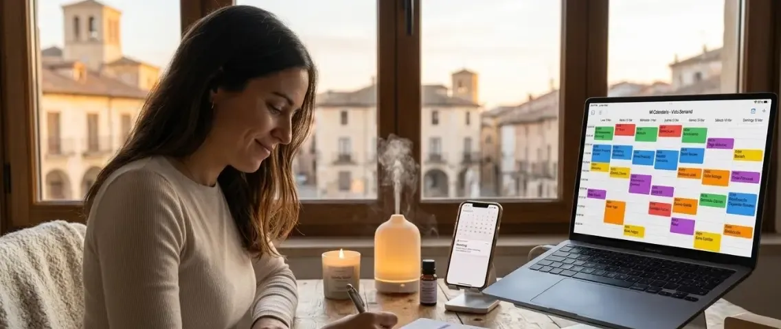 Persona organizando su agenda física en un escritorio, junto a un portátil y un difusor de aromaterapia, disfrutando del ritual del Sunday Reset