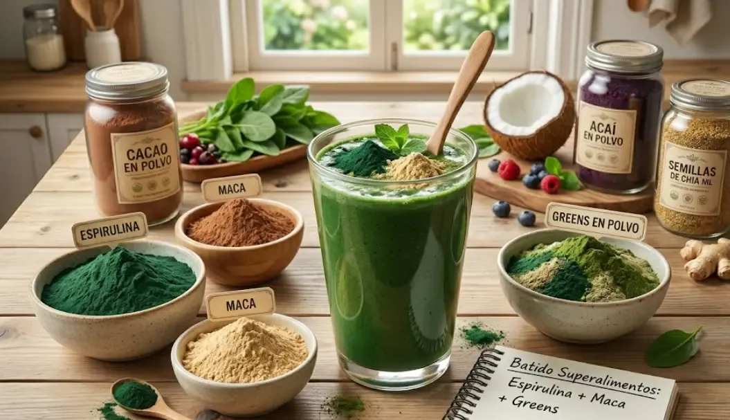 Superalimentos en polvo espirulina maca greens en batido saludable