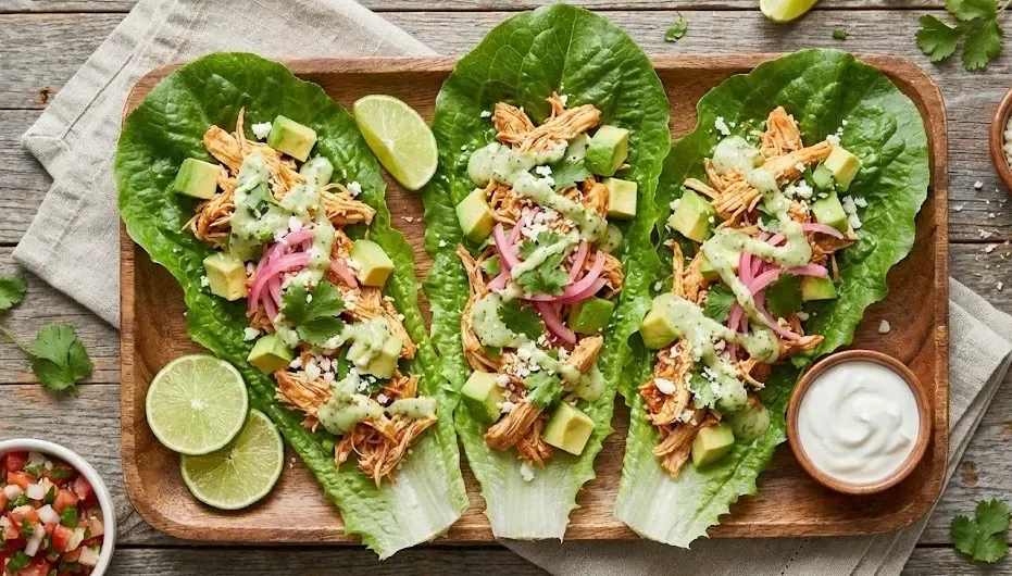 Imagen cenital de unos tacos hechos con hojas de lechuga rellenos de pollo y aguacate