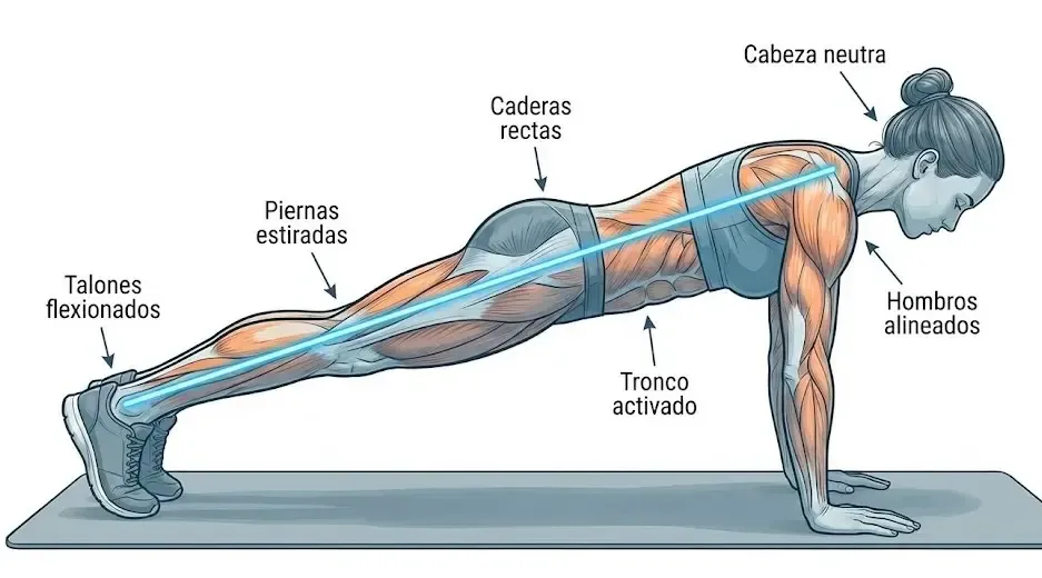 Ilustración de una persona realizando una plancha abdominal perfecta con alineación recta