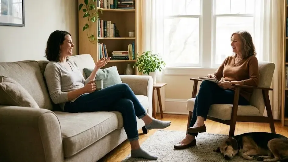 Persona hablando tranquilamente con un terapeuta en un entorno relajado