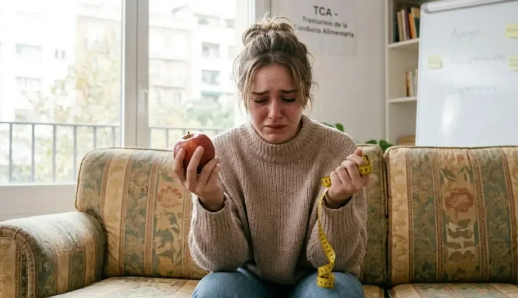 Una persona sosteniendo una manzana y una cinta métrica con expresión de angustia, representando el conflicto emocional y el agobio de los TCA